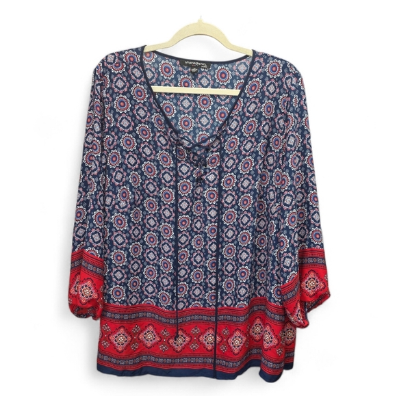 Sharagano Women's 2X Boho Tie Front Blouse V-Neck Elastic Cuffs Tunic Top Flowy - Picture 2 of 6